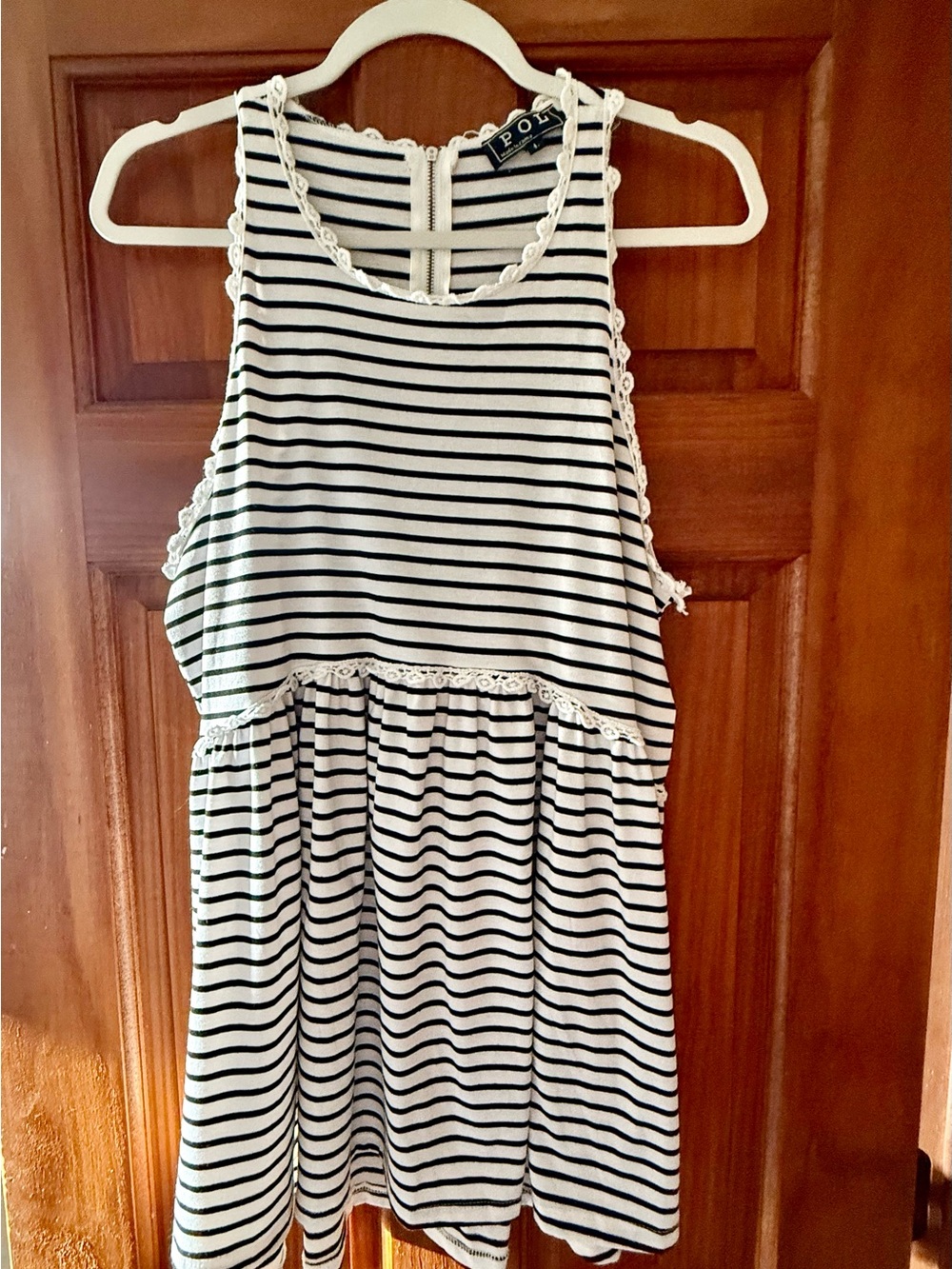 POL Lace-Trim Tank, Black & White Stripes